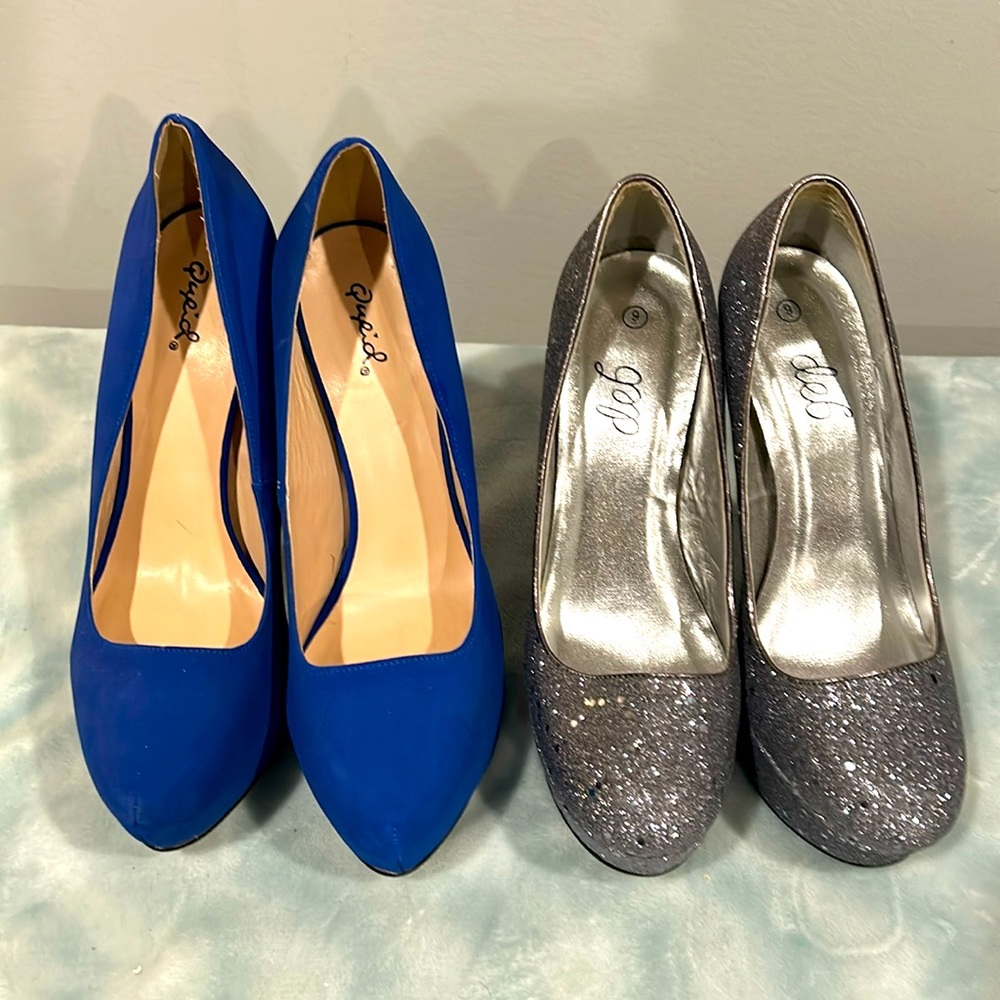 2 pair of platforms shoes blue shoe 10 glittery shoes size 9